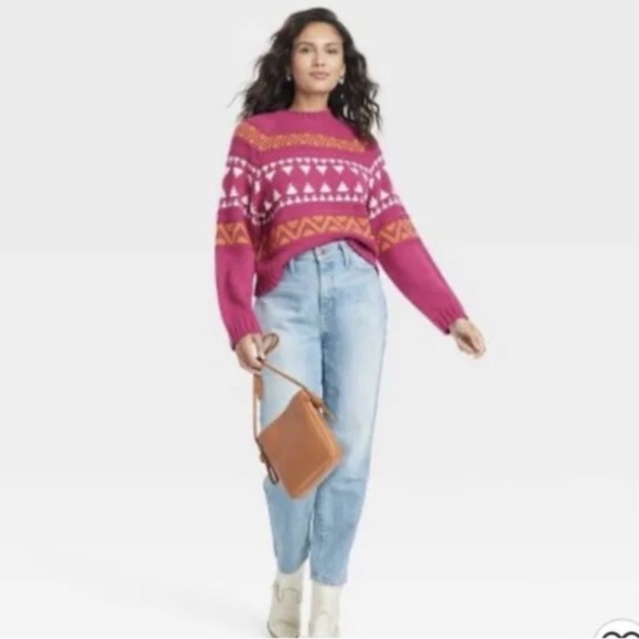 Universal Thread Fuchsia Pink Knitted Fair Isle Sweater Cropped Mock Neck Sz L - Picture 2 of 14